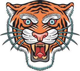 Traditional tiger head. Old school tattoo design. Asian wild cat. Vector Illustration.