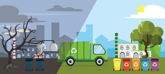 Vector illustration of the importance of ecology. Cartoons showing protection against harmful gasses and wastewater discharge, waste sorting and the use of electric plants with the city.