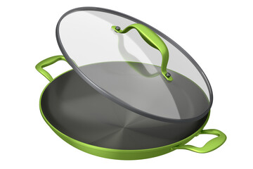 Frying pan or wok with glass lid on white background, non-stick kitchen utensils
