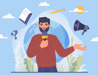 Journalist day concept. Man with microphone on background of globe broadcasting news and information, mass media. International holiday and festival metaphor. Cartoon flat vector illustration