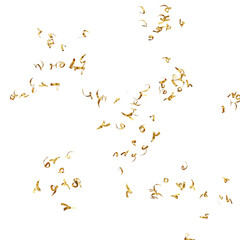 Gold balloons, confetti and ribbons on a white background. 3d rendering illustration.