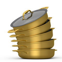 Set of stainless steel stewpot and chrome plated cookware on white background
