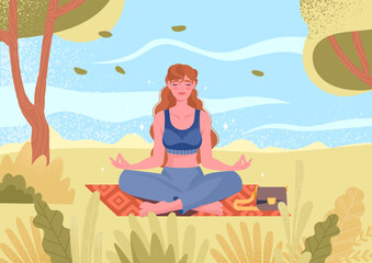 Obraz na płótnie Canvas Meditating in park. Woman in lotus position in nature. Young girl doing yoga. Attention and concentration, inner peace and balance. Active lifestyle and sports. Cartoon flat vector illustration