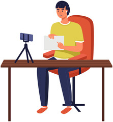 Negotiation session, blogger recording video for blog. Video call, podcast concept. Man with smartphone talking to friend on screen at online meeting. Distance learning at educational platform