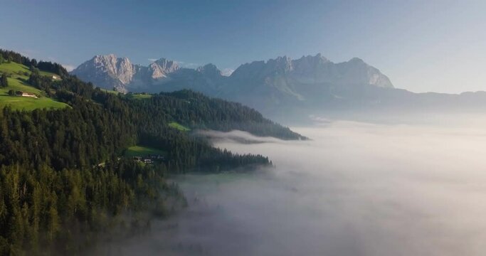 Aerial View of Morning Fog in Kitzbuhel, Austria