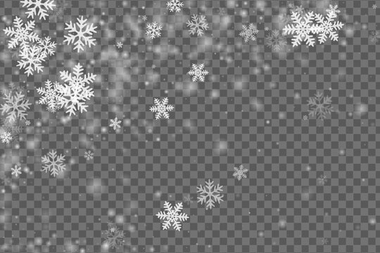 Festive heavy snow flakes backdrop. Snowfall fleck crystallic particles. Snowfall weather white transparent design. Swirling snowflakes january theme. Snow hurricane scenery.