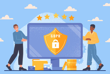 Privacy politics concept. Two men next to computer monitor. Metaphor for security of personal data on Internet. Programmers and IT specialists, technical support. Cartoon flat vector illustration