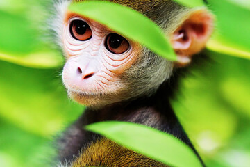 Nahtloses Muster mit Affen. Süßer Affenbaby, dekoriert mit tropischen Blumen, sitzend auf einem Baumzweig im dunklen Tropenwald. Design von Stoffen, Papier, Tapeten und Notizbuchhüllen. © Viks_jin