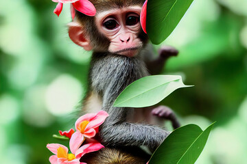 Nahtloses Muster mit Affen. Süßer Affenbaby, dekoriert mit tropischen Blumen, sitzend auf einem Baumzweig im dunklen Tropenwald. Design von Stoffen, Papier, Tapeten und Notizbuchhüllen. © Viks_jin