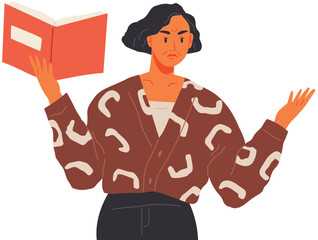 Cartoon teacher looking angry, grumpy woman stands isolated on white holding book in her hand. Strict female character makes someone read, holding an open textbook and making gesture of indignation