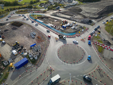 Aerial view of a temporary roundabout made from traffic cones in major roadworks