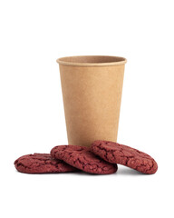 Cherry velvet cookies and a cup with coffee on a white background.
