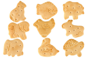 Cookies in the form of animals on a white background. Each cookie separately. Zoological biscuits. Full depth of field. Close-up.