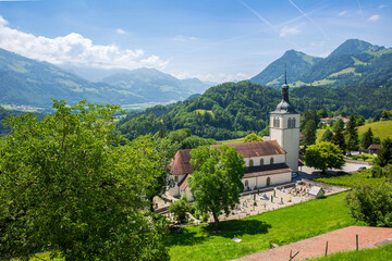 Fototapeta na wymiar high angle view of Eglise Saint-Theodule - church in Gruyere, Switzerland