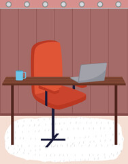 Organization workplace of employee. Design of worspace room, space for working in office. Arrangement of furniture table with computer and chair in interior. Place for working with technology at home