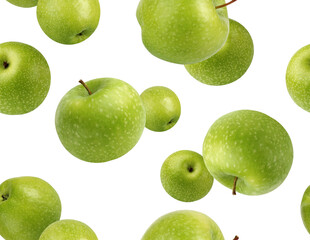 Falling green apples, seamless pattern. Flying whole fruits isolated on a white background.