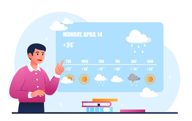 Weather forecast concept. Man on background of graphs and charts. Meteorology, specialist hosts show. Mass media, information and knowledge. Nature and environment. Cartoon flat vector illustration