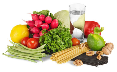 Diabetes concept glucose meter in hand and healthy organic green and red pepper, tomatoes, almonds, fresh salad, spaghetti, grapefruit, glass of milk on a white background