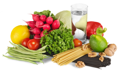 Diabetes concept glucose meter in hand and healthy organic green and red pepper, tomatoes, almonds, fresh salad, spaghetti, grapefruit, glass of milk on a white background
