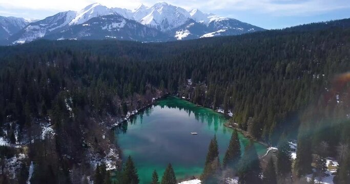 Aerial View of Swiss Lake in Winter in Graubünden, Switzerland