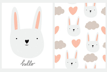 Hello Bunny. Lovely Nursery Art and Seamless Vector Pattern with Hand Drawn Clouds, Bunny and Hearts Isolated on a White Background. Cute Illustration ideal for Kids Room Decoration, Wall Art, Card.