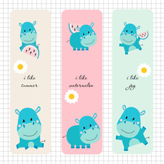 Vector. Drawn cute bookmarks with hippos. Printing products. Office. Checkered background. Kawaii animals.