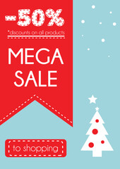 New year banner. Vertical banner. Mega sale -50%. Discounts for all products. 2023 year. Snow on the background. Christmas discounts. Christmas tree. Vector. Template.