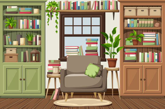 Room interior with green and brown bookcases, an armchair, and plenty of books and houseplants. Cozy old-fashioned classic interior design. Cartoon vector illustrations