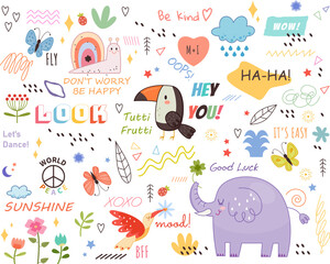 Cute childish pattern. Collection of positive hand drawn phrases, quotes, animals, plants and decorative elements. Prints for clothes in doodle style. Cartoon flat vector set isolated on white