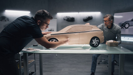 Two male automotive designers working on eco friendly plasticine clay model of car with rake and...