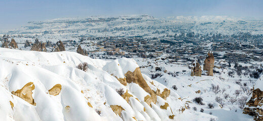 Panoramic view of the Pigeon Valley on a cold winter day in Cappadocia