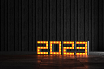 Numbers 2023 with light bulbs on dark background. Happy new year greeting card with retro font. Photorealistic 3d render. Copy space