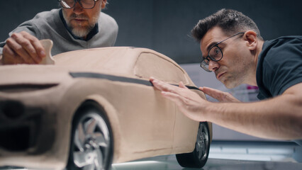 Two male automotive designers creating futuristic plasticine clay prototype of car with...