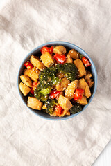 Homemade One-Pan Chicken And Broccoli Stir-Fry in a Bowl, top view.
