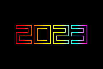 Numbers 2023 isolated on black background. Minimal invitation flyer, greeting postcard. Happy new year card with rainbow retro font.