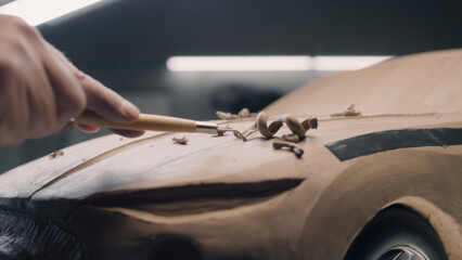 Close-up shot of male automotive designer working on futuristic car model from plasticine clay with...