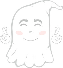 Vector illustration of a cartoon ghost with a happy expression and crossing the fingers of the hands