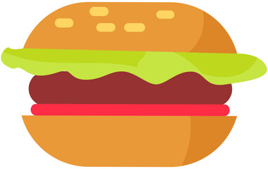 Hamburger for design fast food menu. Cheeseburger with salad, beef and sauce. Tasty filling meal snack, junk food. Fastfood, traditional American cuisine meal. Takeaway burger vector illustration