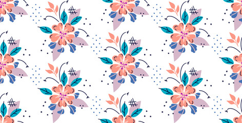 Seamless vector pattern made of hand drawn flowers on white