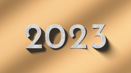 Concrete numbers 2023 on wavy sandy background. Minimal invitation flyer, greeting postcard. 3d render.