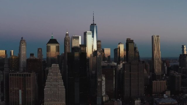 Downtown Manhattan from air at sunrise