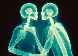 X-ray kissing, medical x-ray of a loving couple, filled with love. Illustration 3d.