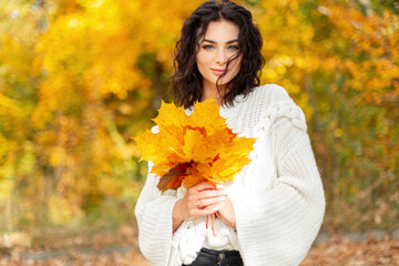 Beautiful woman with a pretty face, curly hair and amazing blue eyes is wearing a fashion white knit sweater holding a bouquet of yellow autumn leaves and walking in a bright fall park.
