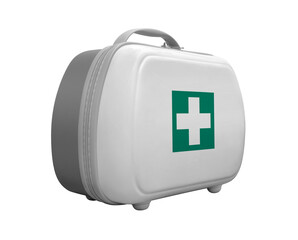 First aid kit with green cross logo on white background, diagonal view