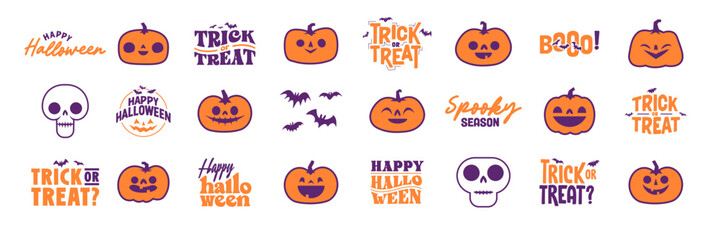 Set of Halloween icons. Vector illustration. Carved pumpkins, skulls and bats. Trick or treat spooky design.