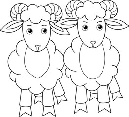 Pair of rams, cute rams friends - vector linear picture for coloring. Outline. A couple of sheep - boys, rams, characters for a children's coloring book. - obrazy, fototapety, plakaty