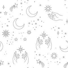 Seamless pattern with constellations. Sun, moon, magic hands and stars. Mystical esoteric background for design. Astrology magical vector.