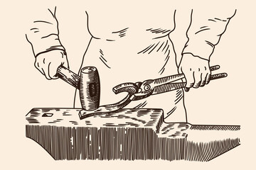 A blacksmith with a hammer and tongs in his hands forges a horseshoe on an anvil. Ancient engraving. USSR. 1932 - obrazy, fototapety, plakaty