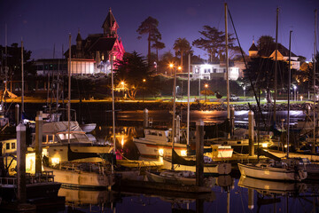 Nighttime view of the marina and historic skyline of Eureka, California, USA.
