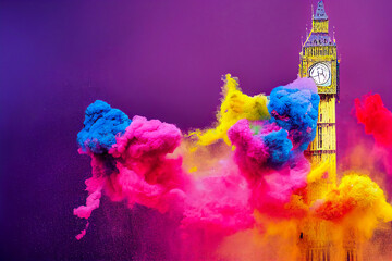 BigBen, monument of london, in a dynamic explosion of multicolored powder, 3d illustration - obrazy, fototapety, plakaty